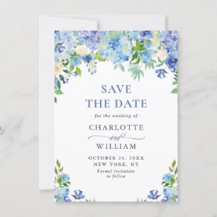 Save The Date Elégante aquarelle bleu Hydrangea Mariage floral