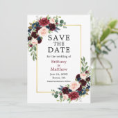 Save The Date Elégante aquarelle Bourgogne bleu or floral (Debout devant)