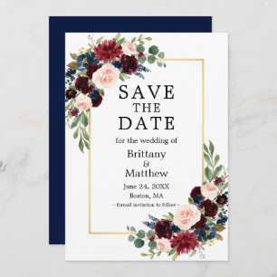 Save The Date Elégante aquarelle Bourgogne Floral Blue Gold Fram