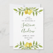 Save The Date Elégante aquarelle citrons Mariage vert (Devant)