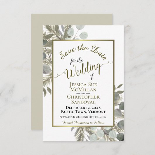 Save The Date Elégante aquarelle Eucalyptus & Mariage de pin (Devant / Derrière)
