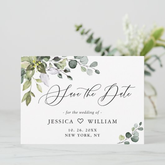 Save The Date Elégante aquarelle Eucalyptus Mariage vert (Debout devant)