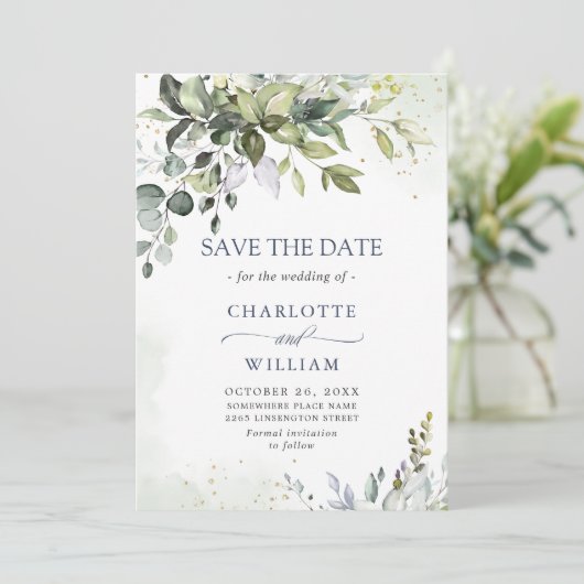 Save The Date Elégante aquarelle Eucalyptus Mariage vert (Debout devant)