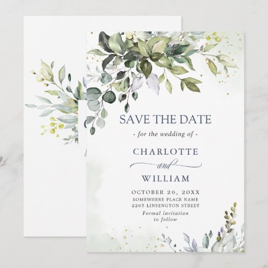 Save The Date Elégante aquarelle Eucalyptus Mariage vert (Devant / Derrière)