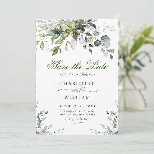 Save The Date Elégante aquarelle Eucalyptus Mariage vert (Debout devant)