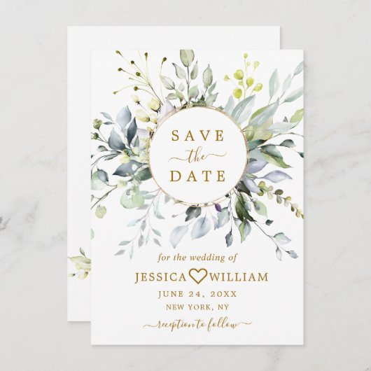Save The Date Elégante aquarelle Eucalyptus Mariage vert (Devant / Derrière)