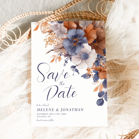 Save The Date Elégante aquarelle Floral Dusty Blue Rust Mariage