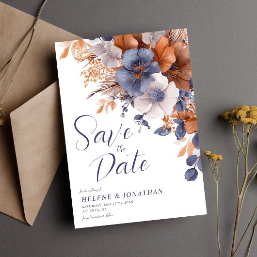 Save The Date Elégante aquarelle Floral Dusty Blue Rust Mariage