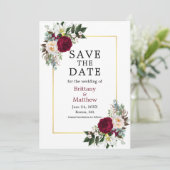 Save The Date Elégante aquarelle Florale Bourgogne Blanc Or (Debout devant)