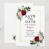 Save The Date Elégante aquarelle Florale Bourgogne Blanc Or (Devant / Derrière)
