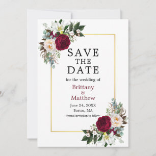 Save The Date Elégante aquarelle Florale Bourgogne Blanc Or