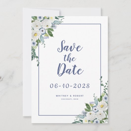 Save The Date Elégante aquarelle Flore Vert Mariage Bleu (Devant)