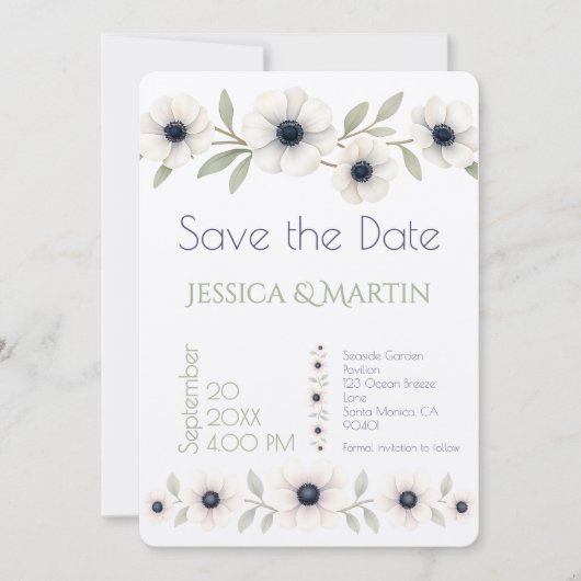 Save The Date Elégante aquarelle ivoire marine bleu Mariage d'an (Devant)