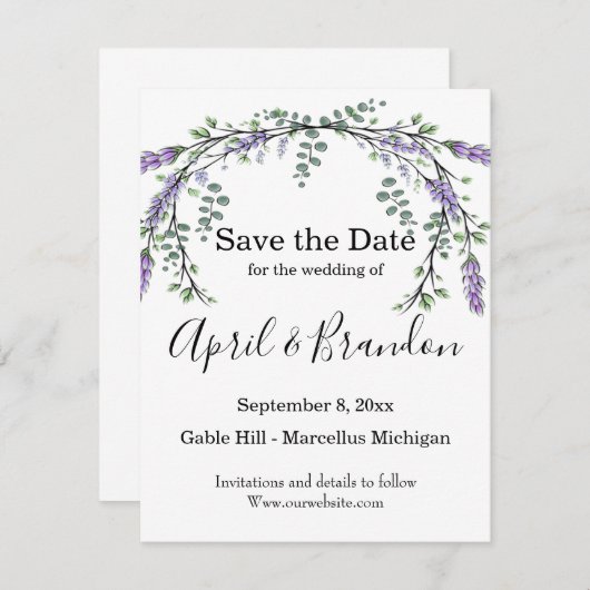 Save The Date Elégante aquarelle Lavender Eucalyptus (Devant / Derrière)
