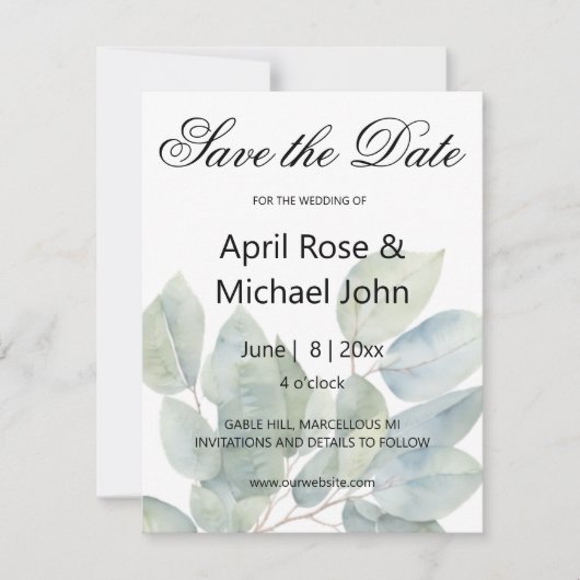Save The Date Elégante aquarelle mariage de verdure eucalyptus (Devant)
