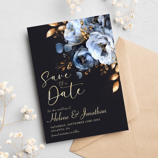 Save The Date Elégante Aquarelle Moderne Bleu Et Mariage Or
