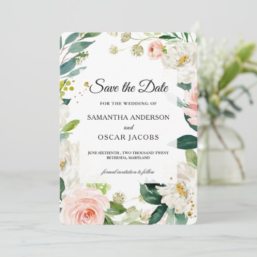 Save The Date Elégante aquarelle rose pâle Cadre Floral (Debout devant)