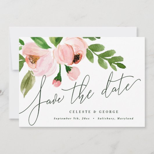 Save The Date élégante aquarelle rose pivoine enregistrer la dat (Devant)
