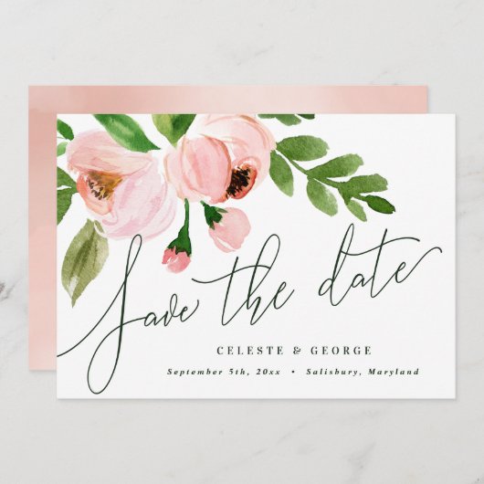 Save The Date élégante aquarelle rose pivoine enregistrer la dat (Devant / Derrière)