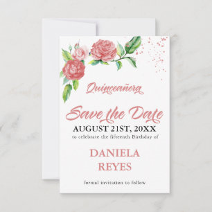 Save The Date Elégante aquarelle rose Roses Quinceanera Florale