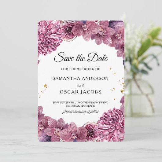 Save The Date Elégante aquarelle rose & violet Orchidées & Figue (Debout devant)