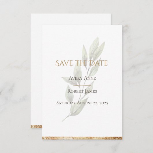 Save The Date Elégante aquarelle simple or vert moderne (Devant / Derrière)