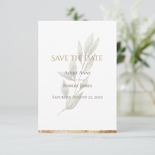 Save The Date Elégante aquarelle simple or vert moderne (Debout devant)