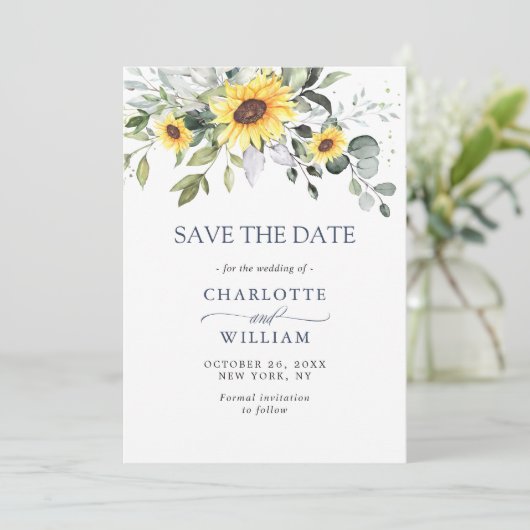 Save The Date Elégante aquarelle tournesol Eucalyptus Mariage (Debout devant)