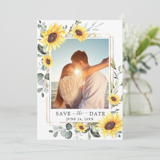 Save The Date Elégante aquarelle tournesol Eucalyptus Mariage (Debout devant)