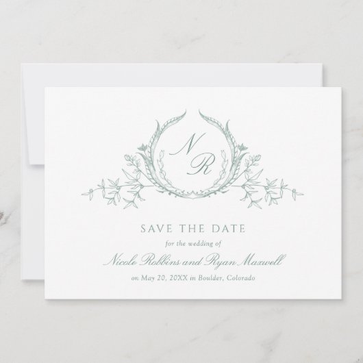 Save The Date Élégante aquarelle vert pâle Monogramme calligraph (Devant)