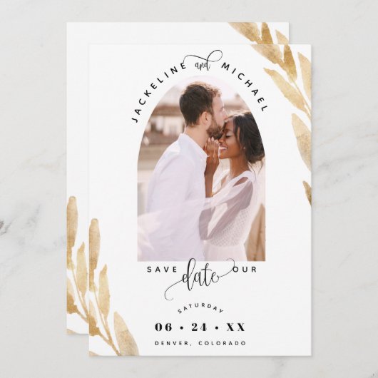 Save The Date Elégante Arche photo et Mariage Feuille d'or (Devant / Derrière)