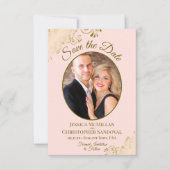 Save The Date Elégante Boucles d'or Oval Photo Blush Mariage ros (Devant)