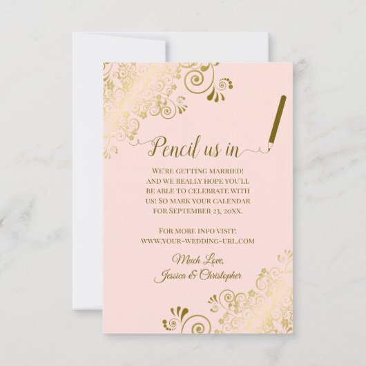 Save The Date Elégante Boucles d'or Oval Photo Blush Mariage ros (Dos)