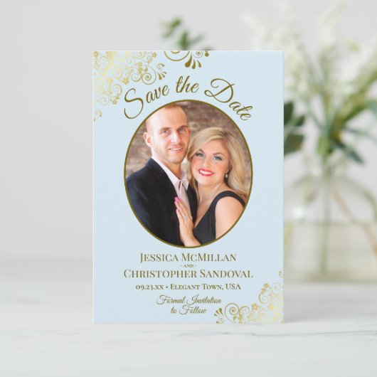 Save The Date Elégante Boucles d'or Oval Photo Powder Blue Wedde (Debout devant)