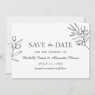 Save The Date Elégante branche olive. Mariage noir et blanc