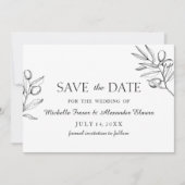 Save The Date Elégante branche olive. Mariage noir et blanc (Devant)