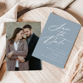 Save The Date Élégante calligraphie Dusty Blue Photo Mariage
