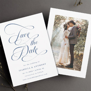 Save The Date Élégante calligraphie Dusty Blue Photo Mariage