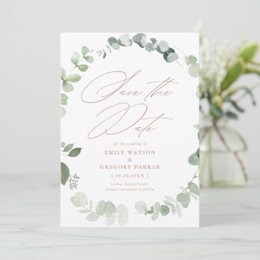 Save The Date Élégante calligraphie Eucalyptus Dusty Rose Mariag (Debout devant)