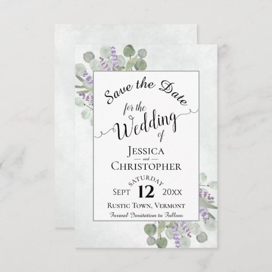 Save The Date Élégante calligraphie Eucalyptus & Lavender Mariag (Devant / Derrière)