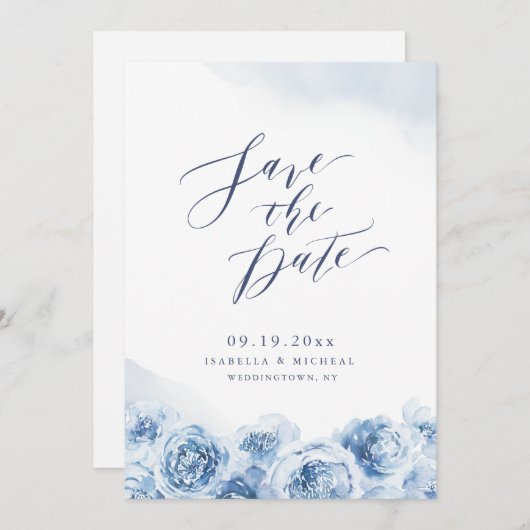 Save The Date Élégante calligraphie mariage floral bleu poussiér (Devant / Derrière)