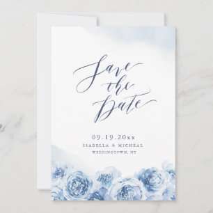 Save The Date Élégante calligraphie mariage floral bleu poussiér