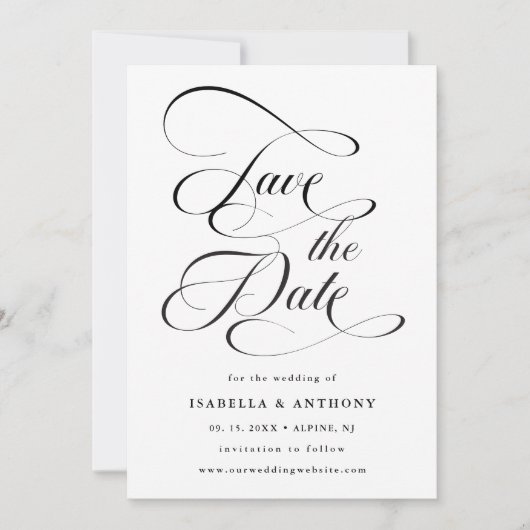 Save The Date Élégante calligraphie Mariage noir et blanc (Devant)