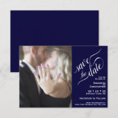 Save The Date Élégante calligraphie Marine Blue 2 Volet Photo Ma (Devant / Derrière)
