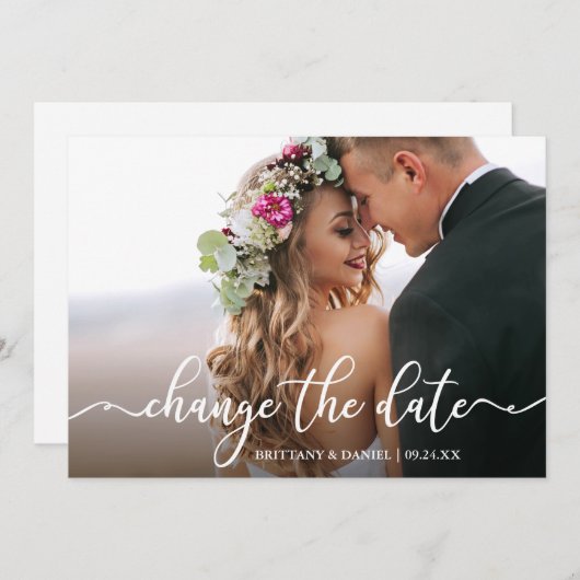 Save The Date Élégante Calligraphie Modifier La Date Nouvelle Ca (Devant / Derrière)