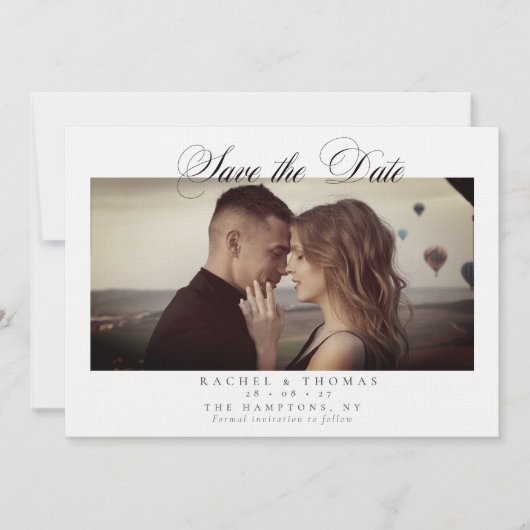 Save The Date Élégante calligraphie Photo Mariage noir blanc (Devant)