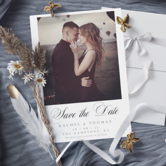 Save The Date Élégante calligraphie Photo Mariage noir blanc