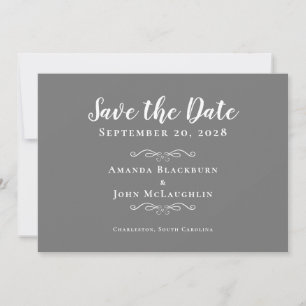 Save The Date Élégante calligraphie romaine grise et blanche dél