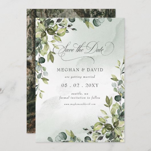 Save The Date Élégante calligraphie Verdure Eucalyptus (Devant / Derrière)