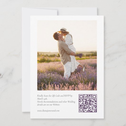 Save The Date Élégante calligraphie violette QR Code Mariage pho (Dos)